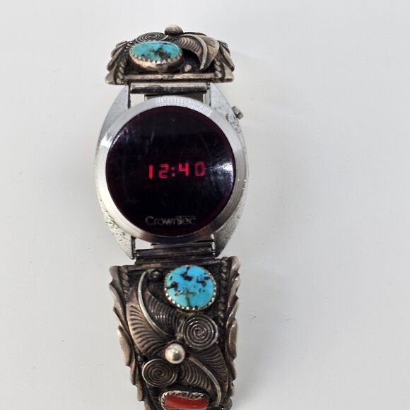 VTG Navajo Sterling Silver Flower Coral Turquoise Band CrownTec Digital Watch‎